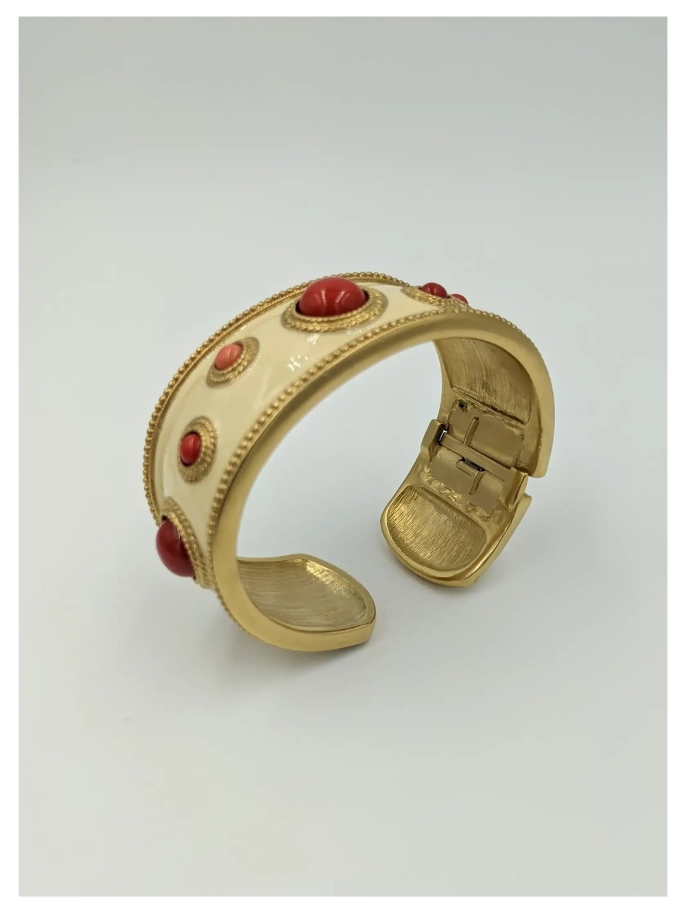 KENNETH JAY LANE Vintage Ivory enamel and Coral Red Statement Bangle Bracelet